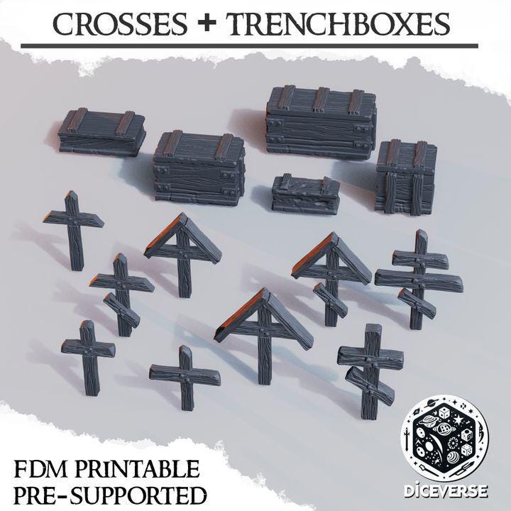 Supply Boxes and Crosses Bundle 14x  | Trench Crusade Scatter  | Wargaming | Pilgrims | New Antioch | Tabletop Terrain | 28/32mm | Diceverse