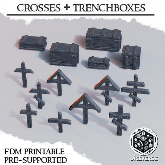 Supply Boxes and Crosses Bundle 14x  | Trench Crusade Scatter  | Wargaming | Pilgrims | New Antioch | Tabletop Terrain | 28/32mm | Diceverse