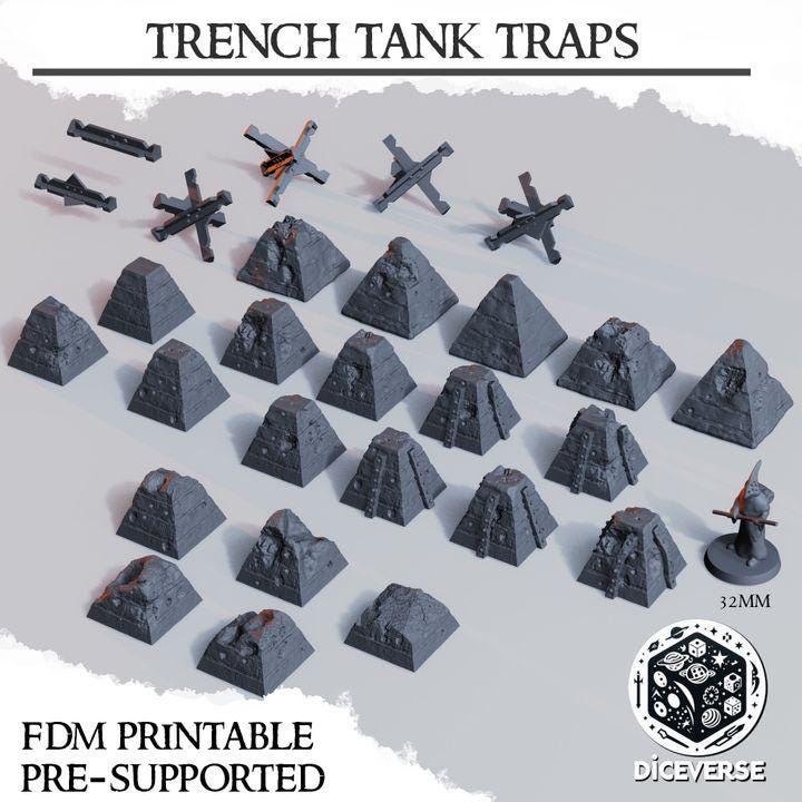 Anti Tank Traps | Trench Crusade | Battlefield Defense Pyramid | Wargaming | New Antioch | Pilgrims | Tabletop Terrain | 28/32mm | Diceverse