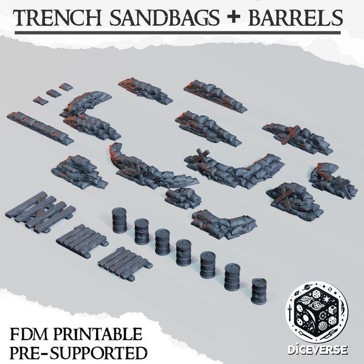 Sandbags and Barrels Bundle | Trench Crusade | Battlefield | Wargaming | New Antioch | Pilgrims | Tabletop Terrain | 28/32mm | Diceverse