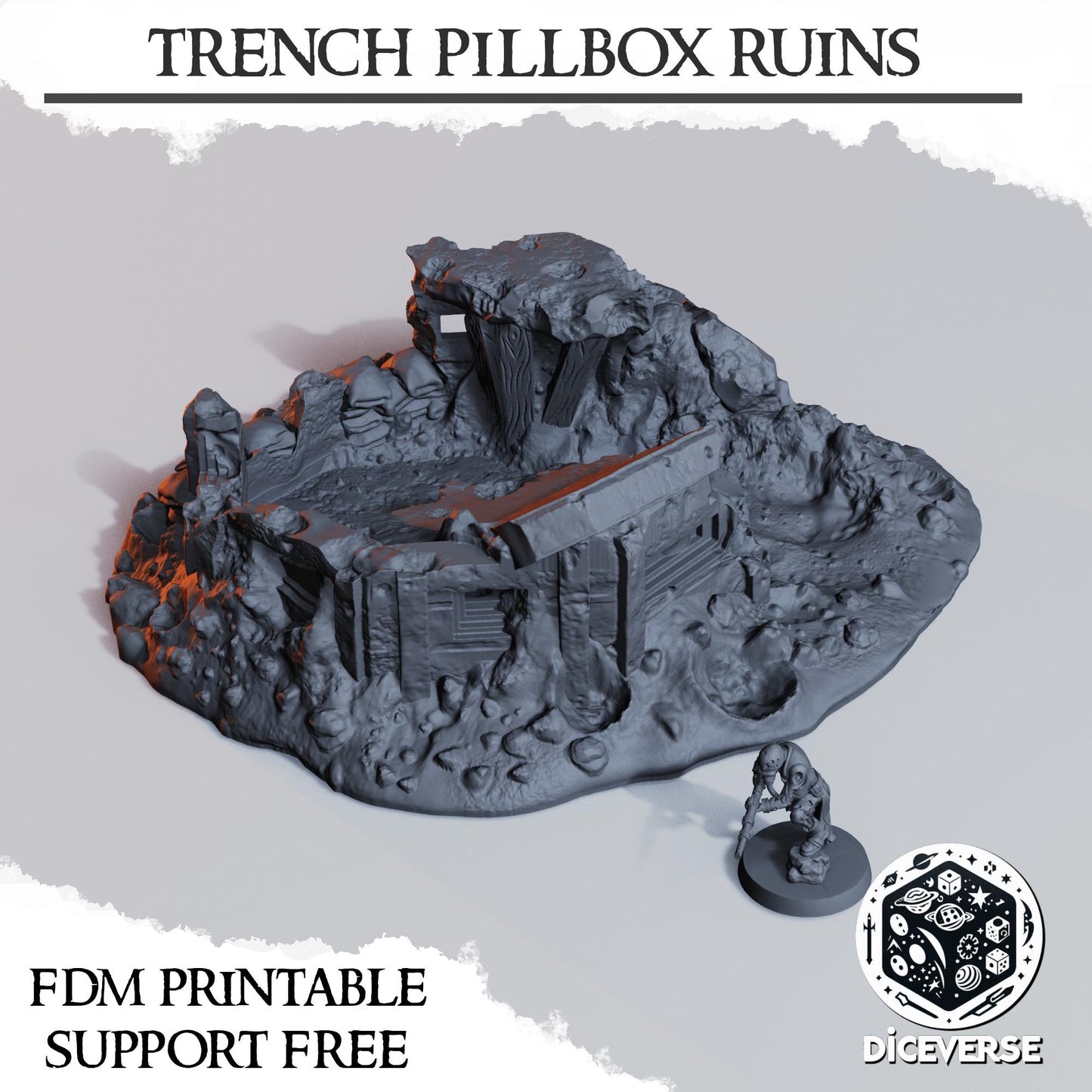 Destroyed Trench Bunker Ruins | Trench Crusade | Grimdark Wargaming Scenery | New Antioch | Tabletop Terrain | 28/32mm | Diceverse