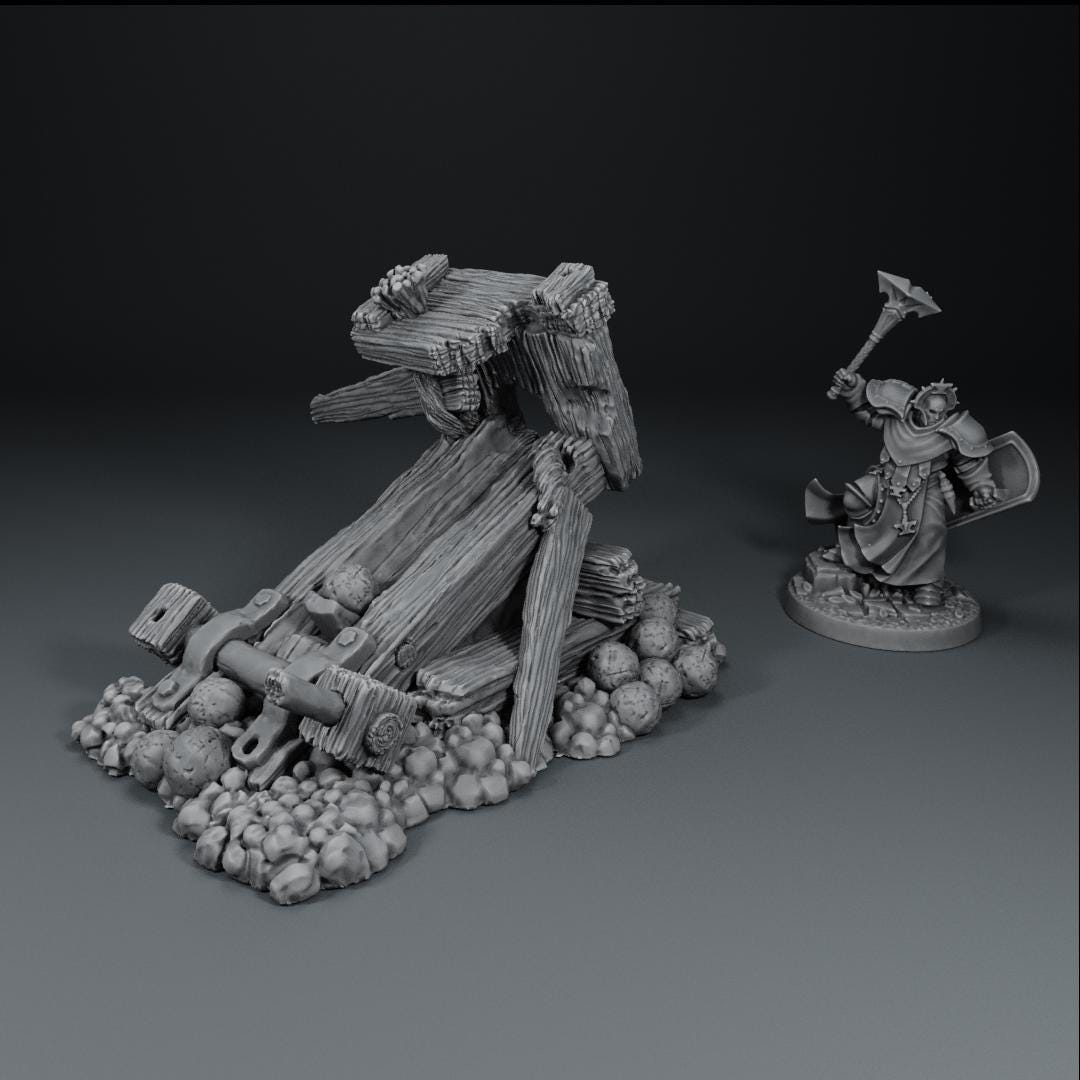 Destroyed Ballista | Fantasy Miniatures Tabletop Gaming Terrain Siege Weapons | 1490 Doom Ruins | DND | RPG | 28/32mm | StoneAxeMiniatures