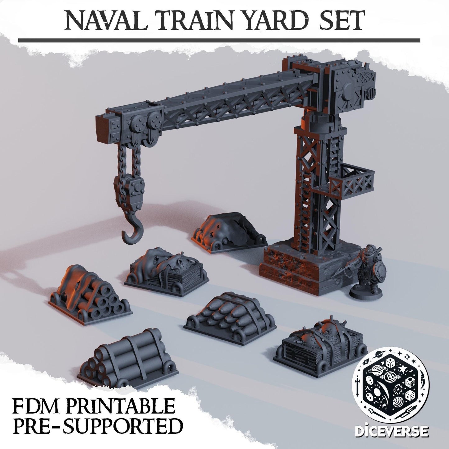 Industrial Crane and Crates | Naval Raiders Train Yard Trench Crusade | Grimdark Wargaming Scenery |  Tabletop Terrain | 28/32mm | Diceverse
