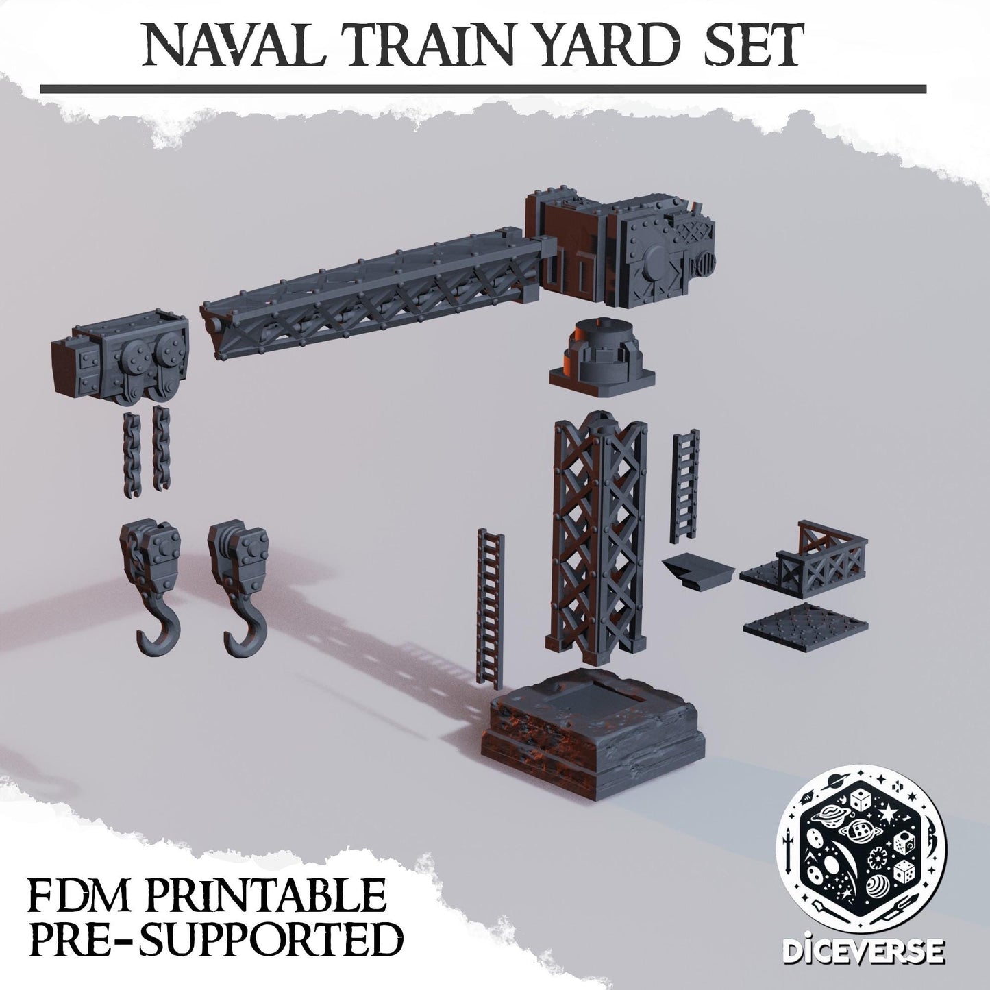 Industrial Crane and Crates | Naval Raiders Train Yard Trench Crusade | Grimdark Wargaming Scenery |  Tabletop Terrain | 28/32mm | Diceverse