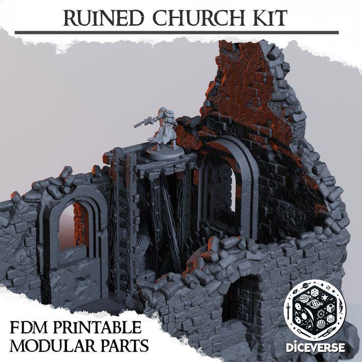Ruined Church Modular Kit | Trench Crusade Cathedral | Grimdark Wargaming Scenery | New Antioch | Tabletop Terrain | 28/32mm | Diceverse
