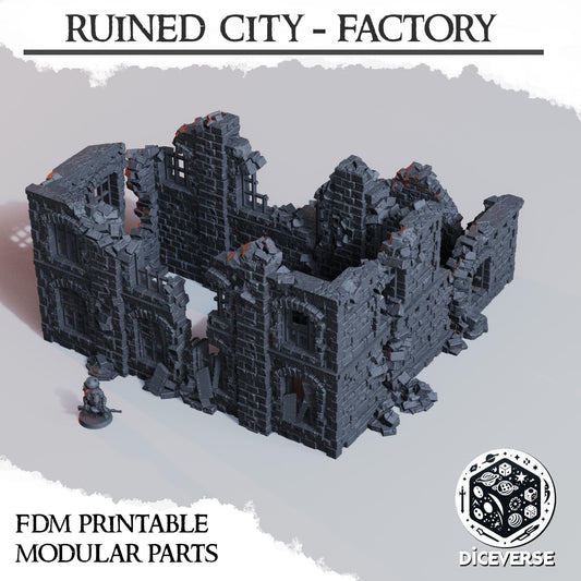 Ruined City Factory | Modular Concrete Building | Trench Crusade | Grimdark Wargaming Scenery | Tabletop Terrain | 28/32mm | Diceverse