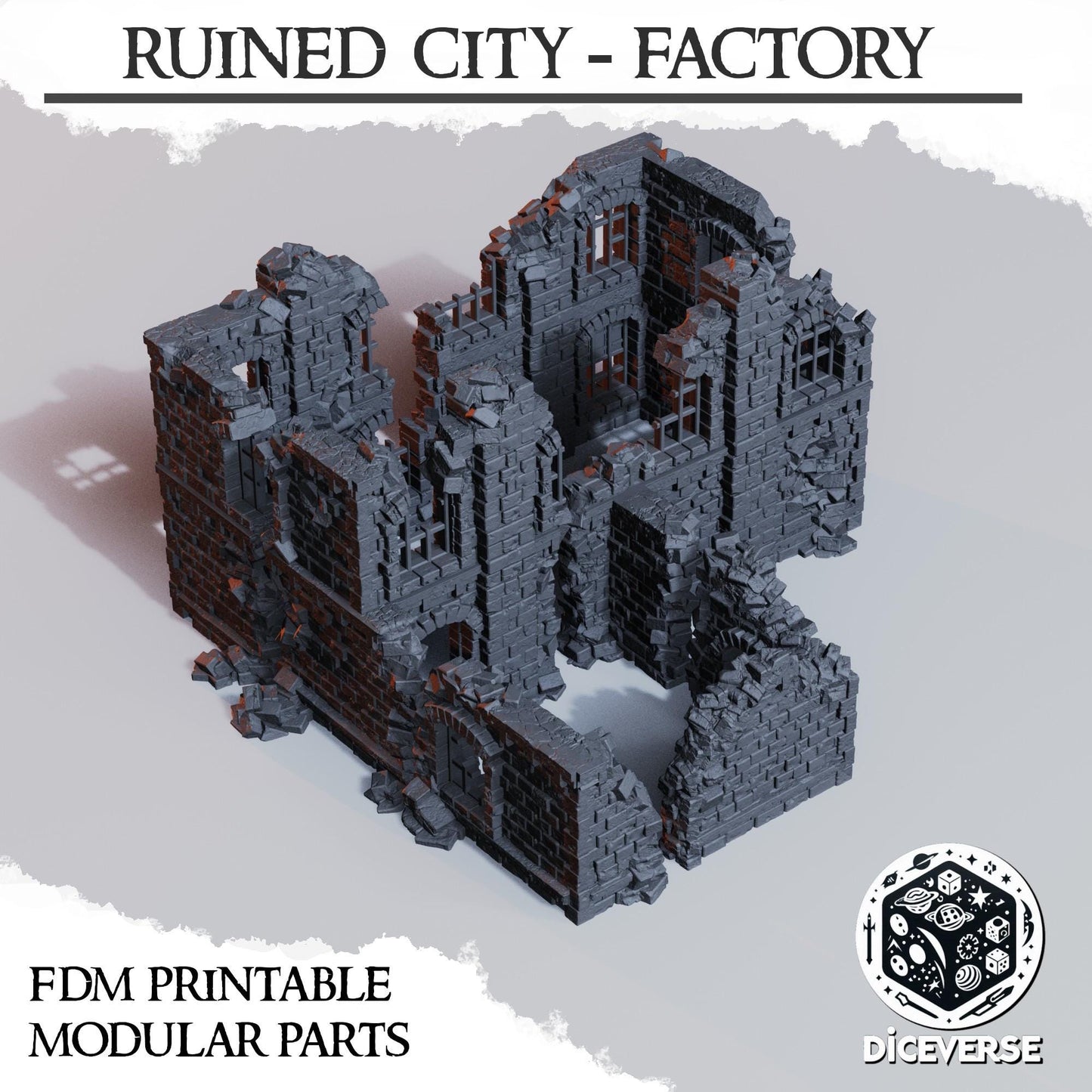 Ruined City Factory | Modular Concrete Building | Trench Crusade | Grimdark Wargaming Scenery | Tabletop Terrain | 28/32mm | Diceverse