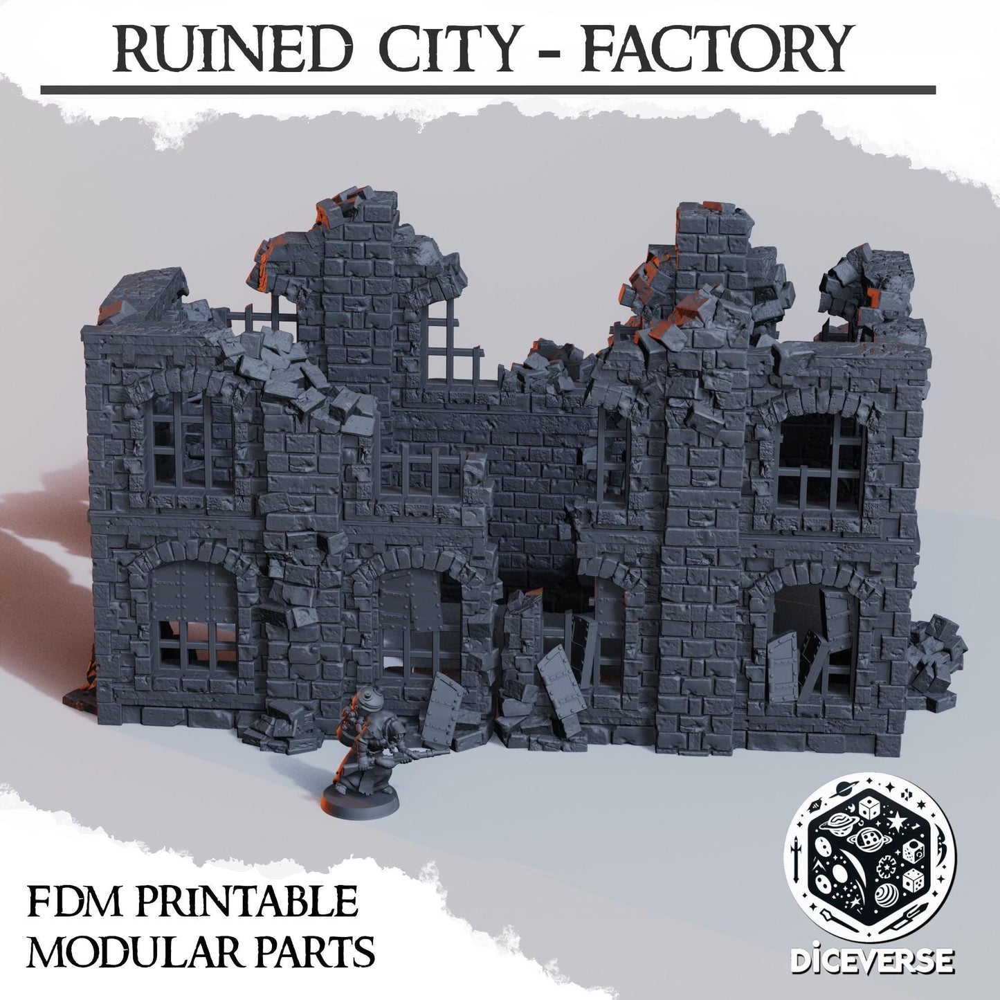 Ruined City Factory | Modular Concrete Building | Trench Crusade | Grimdark Wargaming Scenery | Tabletop Terrain | 28/32mm | Diceverse