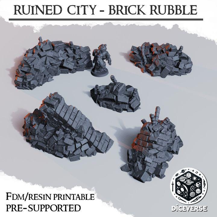 Ruined City Brick Rubble 5x | Concrete Debris Rebar | Trench Crusade | Grimdark Wargaming Scenery | Tabletop Terrain | 28/32mm | Diceverse