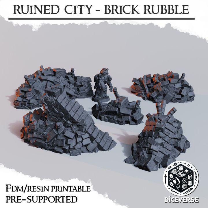 Ruined City Brick Rubble 5x | Concrete Debris Rebar | Trench Crusade | Grimdark Wargaming Scenery | Tabletop Terrain | 28/32mm | Diceverse